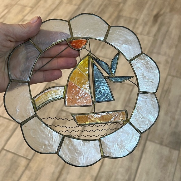 Sailing Boat & Seagull Capiz Shell Round Sun Catcher Window Hanger Beach House - Picture 4 of 7